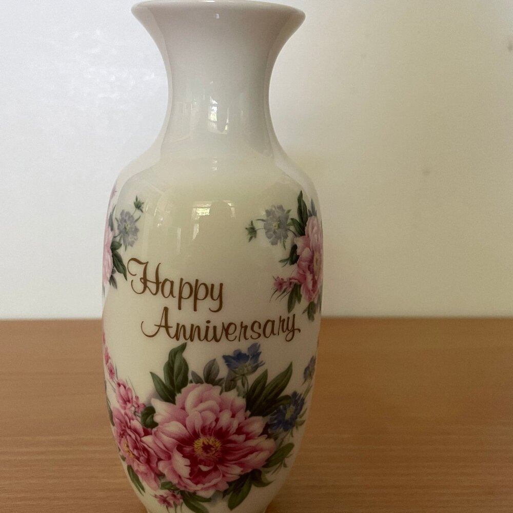 Happy Anniversary 7" bud vase hand decorated Canada white porcelain pink rose